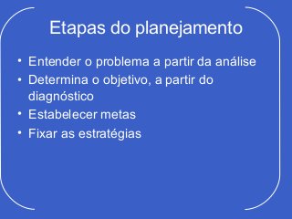 Etapas do planejamento
• Entender o problema a partir da análise
• Determina o objetivo, a partir do
  diagnóstico
• Estabelecer metas
• Fixar as estratégias
 