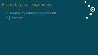 Proposta para lançamento
1 | Pontos importantes dos anos 80
Curtidas
2 | Proposta
Falando
sobre isso

Impressões

 
