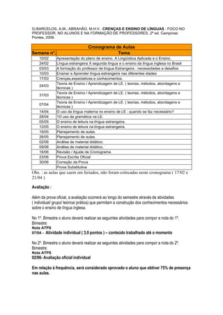 5) BARCELOS, A.M.; ABRAHÃO, M.H.V.. CRENÇAS E ENSINO DE LÍNGUAS : FOCO NO
PROFESSOR, NO ALUNOS E NA FORMAÇÃO DE PROFESSORES. 2ª ed. Campinas:
Pontes, 2006.

                                  Cronograma de Aulas
Semana n°.                                    Tema
    10/02     Apresentação do plano de ensino. A Lingüística Aplicada e o Ensino.
    24/02     Língua estrangeira X segunda língua e o ensino da língua inglesa no Brasil
    03/03     A formação do professor de língua Estrangeira : necessidades e desafios
    10/03     Ensinar e Aprender língua estrangeira nas diferentes idades
    17/03     Crenças,expectativas e conhecimentos.
              Teoria de Ensino / Aprendizagem de LE. ( teorias, métodos, abordagens e
    24/03
              técnicas )
              Teoria de Ensino / Aprendizagem de LE. ( teorias, métodos, abordagens e
    31/03
              técnicas )
              Teoria de Ensino / Aprendizagem de LE. ( teorias, métodos, abordagens e
    07/04
              técnicas )
    14/04     O uso da língua materna no ensino de LE : quando se faz necessário?
    28/04     1O uso da gramática na LE.
    05/05     O ensino de leitura na língua estrangeira.
    12/05     O ensino de leitura na língua estrangeira.
    19/05     Planejamento de aulas.
    26/05     Planejamento de aulas.
    02/06     Análise de material didático.
    09/06     Análise de material didático.
    16/06     Revisão / Ajuste de Cronograma.
    23/06     Prova Escrita Oficial
    30/06     Correção da Prova
              Prova Substitutiva
Obs. : as aulas que caem em feriados, não foram colocadas neste cronograma ( 17/02 e
21/04 )

Avaliação :

Além da prova oficial, a avaliação ocorrerá ao longo do semestre através de atividades
( individual/ grupo/ teórica/ prática) que permitam a construção dos conhecimentos necessários
sobre o ensino de língua inglesa.

No 1º. Bimestre o aluno deverá realizar as seguintes atividades para compor a nota do 1º.
Bimestre:
Nota ATPS
07/04 - Atividade individual ( 3,0 pontos ) – conteúdo trabalhado até o momento

No 2º. Bimestre o aluno deverá realizar as seguintes atividades para compor a nota do 2º.
Bimestre:
Nota ATPS
02/06- Avaliação oficial individual

Em relação à frequência, será considerado aprovado o aluno que obtiver 75% de presença
nas aulas.
 