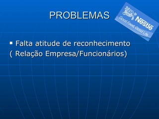 PROBLEMAS Falta atitude de reconhecimento  ( Relação Empresa/Funcionários) 