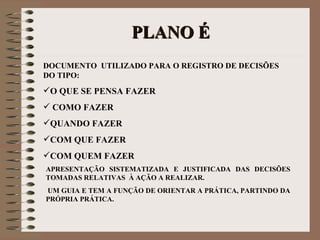 PLANO É DOCUMENTO  UTILIZADO PARA O REGISTRO DE DECISÕES DO TIPO:   O QUE SE PENSA FAZER COMO FAZER QUANDO FAZER COM QUE FAZER COM QUEM FAZER APRESENTAÇÃO SISTEMATIZADA E JUSTIFICADA DAS DECISÕES TOMADAS RELATIVAS  À AÇÃO A REALIZAR.   UM GUIA E TEM A FUNÇÃO DE ORIENTAR A PRÁTICA, PARTINDO DA PRÓPRIA PRÁTICA.   