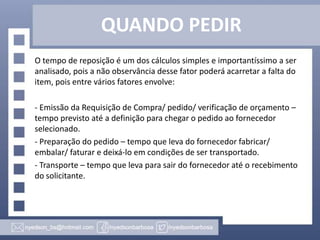 QUANDO PEDIR
O tempo de reposição é um dos cálculos simples e importantíssimo a ser
analisado, pois a não observância desse fator poderá acarretar a falta do
item, pois entre vários fatores envolve:
- Emissão da Requisição de Compra/ pedido/ verificação de orçamento –
tempo previsto até a definição para chegar o pedido ao fornecedor
selecionado.
- Preparação do pedido – tempo que leva do fornecedor fabricar/
embalar/ faturar e deixá-lo em condições de ser transportado.
- Transporte – tempo que leva para sair do fornecedor até o recebimento
do solicitante.

 