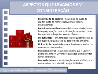ASPECTOS QUE LEVAMOS EM
CONSIDERAÇÃO
•

•

•
•
•

•

Rotatividade de estoque – na análise de custo do
capital, custo de manutenção/armazenagem,
obsolescência;
Atendimento ao cliente – nas faltas de material, onde
há reprogramações para a eliminação de custos como
horas extras e desgastes com os clientes;
Produtividade – em paralisações de equipamentos e da
produção da organização ou desperdícios em geral.
Utilização da capacidade – na utilização econômica dos
recursos das instalações;
Custo de material – nas decisões de O que?, Como?,
quando? E Onde? Devem ser avaliadas a fim de evitar
custos adicionais;
Custos do sistema – na eliminação de retrabalhos, em
que resultam no conhecido apagar incêndios.

 