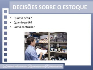 DECISÕES SOBRE O ESTOQUE
• Quanto pedir?
• Quando pedir?
• Como controlar?

 