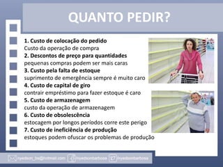 QUANTO PEDIR?
1. Custo de colocação do pedido
Custo da operação de compra
2. Descontos de preço para quantidades
pequenas compras podem ser mais caras
3. Custo pela falta de estoque
suprimento de emergência sempre é muito caro
4. Custo de capital de giro
contrair empréstimo para fazer estoque é caro
5. Custo de armazenagem
custo da operação de armazenagem
6. Custo de obsolescência
estocagem por longos períodos corre este perigo
7. Custo de ineficiência de produção
estoques podem ofuscar os problemas de produção

 