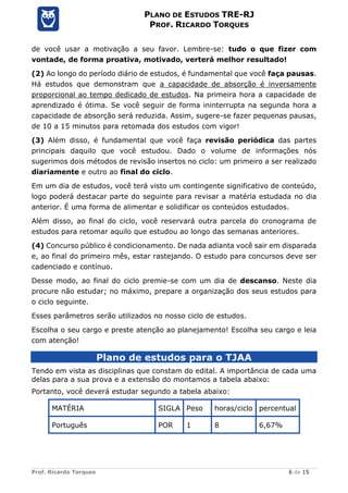 Prof. Ricardo Torques 6 de 15
PLANO DE ESTUDOS TRE-RJ
PROF. RICARDO TORQUES
de você usar a motivação a seu favor. Lembre-se: tudo o que fizer com
vontade, de forma proativa, motivado, verterá melhor resultado!
(2) Ao longo do período diário de estudos, é fundamental que você faça pausas.
Há estudos que demonstram que a capacidade de absorção é inversamente
proporcional ao tempo dedicado de estudos. Na primeira hora a capacidade de
aprendizado é ótima. Se você seguir de forma ininterrupta na segunda hora a
capacidade de absorção será reduzida. Assim, sugere-se fazer pequenas pausas,
de 10 a 15 minutos para retomada dos estudos com vigor!
(3) Além disso, é fundamental que você faça revisão periódica das partes
principais daquilo que você estudou. Dado o volume de informações nós
sugerimos dois métodos de revisão insertos no ciclo: um primeiro a ser realizado
diariamente e outro ao final do ciclo.
Em um dia de estudos, você terá visto um contingente significativo de conteúdo,
logo poderá destacar parte do seguinte para revisar a matéria estudada no dia
anterior. É uma forma de alimentar e solidificar os conteúdos estudados.
Além disso, ao final do ciclo, você reservará outra parcela do cronograma de
estudos para retomar aquilo que estudou ao longo das semanas anteriores.
(4) Concurso público é condicionamento. De nada adianta você sair em disparada
e, ao final do primeiro mês, estar rastejando. O estudo para concursos deve ser
cadenciado e contínuo.
Desse modo, ao final do ciclo premie-se com um dia de descanso. Neste dia
procure não estudar; no máximo, prepare a organização dos seus estudos para
o ciclo seguinte.
Esses parâmetros serão utilizados no nosso ciclo de estudos.
Escolha o seu cargo e preste atenção ao planejamento! Escolha seu cargo e leia
com atenção!
Plano de estudos para o TJAA
Tendo em vista as disciplinas que constam do edital. A importância de cada uma
delas para a sua prova e a extensão do montamos a tabela abaixo:
Portanto, você deverá estudar segundo a tabela abaixo:
MATÉRIA SIGLA Peso horas/ciclo percentual
Português POR 1 8 6,67%
 