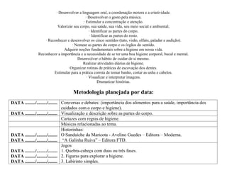 · Desenvolver a linguagem oral, a coordenação motora e a criatividade.
                                            · Desenvolver o gosto pela música.
                                          · Estimular a concentração e atenção.
                          Valorizar seu corpo, sua saúde, sua vida, seu meio social e ambiental;
                                               · Identificar as partes do corpo.
                                                · Identificar as partes do rosto.
                   · Reconhecer e desenvolver os cinco sentidos (tato, visão, olfato, paladar e audição).
                                   · Nomear as partes do corpo e os órgãos do sentido.
                              Adquirir noções fundamentais sobre a higiene em nossa vida.
               Reconhecer a importância e a necessidade de se ter uma boa higiene corporal, bucal e mental.
                                      Desenvolver o hábito de cuidar de si mesmo.
                                          Realizar atividades diárias de higiene.
                                 Organizar rotinas de práticas de escovação dos dentes.
                        Estimular para a prática correta de tomar banho, cortar as unha e cabelos.
                                             · Visualizar e interpretar imagens.
                                                     Dramatizar histórias.

                                    Metodologia planejada por data:
DATA ........./........./........ Conversas e debates: (importância dos alimentos para a saúde, importância dos
                                  cuidados com o corpo e higiene).
DATA ........./........./........ Visualização e descrição sobre as partes do corpo.
                                  Cartazes com regras de higiene.
                                  Músicas relacionadas ao tema.
                                  Historinhas:
DATA ........./........./........ O Sanduíche da Maricota - Avelino Guedes – Editora – Moderna.
DATA ........./........./........ “A Galinha Ruiva” – Editora FTD.
                                  Jogos
DATA ........./........./........ 1. Quebra-cabeça com duas ou três fases.
DATA ........./........./........ 2. Figuras para explorar a higiene.
DATA ........./........./........ 3. Labirinto simples.
 