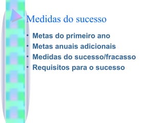 Medidas do sucesso Metas do primeiro ano Metas anuais adicionais Medidas do sucesso/fracasso Requisitos para o sucesso 