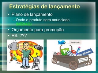 Estratégias de lançamento Plano de lançamento Onde o produto será anunciado  (MÍDIAS) Orçamento para promoção R$: ??? 12/02/11 