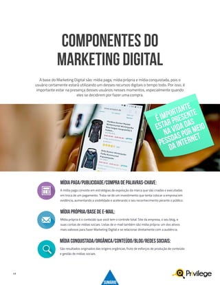 17
COMPONENTES do
Marketing digital
MÍDIA PAGA/PUBLICIDADE/COMPRA DE PALAVRAS-CHAVE:
A mídia paga consiste em estratégias de exposição da marca que são criadas e executadas
em troca de um pagamento. Trata-se de um investimento que tenta colocar a empresa em
evidência, aumentando a visibilidade e acelerando o seu reconhecimento perante o público.
MÍDIA PRÓPRIA/BASE DE E-MAIL:
Mídia própria é o conteúdo que você tem o controle total. Site da empresa, o seu blog, e
suas contas de mídias sociais. Listas de e-mail também são mídia própria: um dos ativos
mais valiosos para fazer Marketing Digital e se relacionar diretamente com a audiência.
MÍDIA CONQUISTADA/ORGÂNICA/CONTEÚDO/BLOG/REDES SOCIAIS:
São resultados originados das origens orgânicas, fruto de esforços de produção de conteúdo
e gestão de mídias sociais.
A base do Marketing Digital são: mídia paga, mídia própria e mídia conquistada, pois o
usuário certamente estará utilizando um desses recursos digitais o tempo todo. Por isso, é
importante estar na presença desses usuários nesses momentos, especialmente quando
eles se decidirem por fazer uma compra.
éimportante
estarpresente
navidadas
pessoaspormeio
dainternet
SUMÁRIO
 