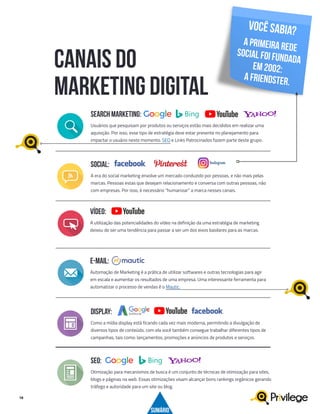 18
CANAIS do
Marketing digital
VÍDEO:
A utilização das potencialidades do vídeo na definição da uma estratégia de marketing
deixou de ser uma tendência para passar a ser um dos eixos basilares para as marcas.
SEARCH marketing:
Usuários que pesquisam por produtos ou serviços estão mais decididos em realizar uma
aquisição. Por isso, esse tipo de estratégia deve estar presente no planejamento para
impactar o usuário neste momento. SEO e Links Patrocinados fazem parte deste grupo.
SEO:
Otimização para mecanismos de busca é um conjunto de técnicas de otimização para sites,
blogs e páginas na web. Essas otimizações visam alcançar bons rankings orgânicos gerando
tráfego e autoridade para um site ou blog.
DISPLAY:
Como a mídia display está ficando cada vez mais moderna, permitindo a divulgação de
diversos tipos de conteúdo, com ela você também consegue trabalhar diferentes tipos de
campanhas, tais como: lançamentos, promoções e anúncios de produtos e serviços.
SOCIAL:
A era do social marketing envolve um mercado conduzido por pessoas, e não mais pelas
marcas. Pessoas estas que desejam relacionamento e conversa com outras pessoas, não
com empresas. Por isso, é necessário “humanizar” a marca nesses canais.
E-MAIL:
Automação de Marketing é a prática de utilizar softwares e outras tecnologias para agir
em escala e aumentar os resultados de uma empresa. Uma interessante ferramenta para
automatizar o processo de vendas é o Mautic.
VOCÊ SABIA?
A PRIMEIRA REDESOCIAL FOI FUNDADA
EM 2002:
A FRIENDSTER.
SUMÁRIO
 