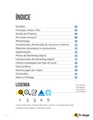 3
Índice
LEGENDA
Desafios 	 04
Começos, meios e fins 	 05
Gestão de Projetos 	 06
Por onde começar?	 08
Metodologia 	 10
Investimento, distribuição de recursos e retorno 	 12
Objetivos alcançáveis e mensuráveis 	 13
Segmentação	 15
Pilares do Marketing Digital	 16
Componentes do Marketing Digital	 17
Esforço empregado por tipo de canal 	 18
Dicas práticas	 19
Quanto pagar por clique	 20
Conclusões	 21
Sobre a Privilege	 23
1 Serviço Relacionado, 2 Pesquise Mais Sobre o Assunto, 3 Leia Artigo Relacionado,
4 Navegue Entre as Páginas, 5 Voltar para o Índice.
Os números
das páginas
são clicáveis
em desktops.
1 2 3
SUMÁRIO
4 5
 
