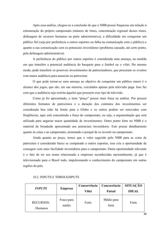 Após essa análise, chegou-se a conclusão de que o NBB possui fraquezas em relação à
estruturação do próprio campeonato (número de times, concentração regional desses times,
defasagem de recursos humanos na parte administrativa), a dificuldade em conquistar um
público fiel (seja por preferência a outros esportes ou falha na comunicação com o público) e
quanto a sua comunicação com os potenciais investidores (problema causado, até certo ponto,
pela defasagem administrativa).
       A preferência do público por outros esportes é considerada uma ameaça, na medida
em que transfere a potencial audiência do basquete para o futebol ou o vôlei. Do mesmo
modo, pode transferir os possíveis investimentos de patrocinadores, que procuram os eventos
com maior audiência para anunciar ou patrocinar.
       O que pode tornar-se uma ameaça ao objetivo de conquistar um público maior é o
alcance dos jogos, que são, em sua maioria, veiculados apenas pela televisão paga. Isso faz
com que a audiência seja restrita àqueles que possuem esse tipo de televisão.
       Como já foi apresentado, o item “preço” possui mais força na análise. Por possuir
diferentes formatos de patrocínios e a duração dos contratos dos investimentos ser
considerada boa (não há limite para a Globo e os outros podem ser renovados com
freqüência), aqui está concentrada a força do campeonato, ou seja, a argumentação que será
utilizada para angariar maior quantidade de investimentos. Outro ponto forte no NBB é o
material de broadside apresentado aos potenciais investidores. Este possui detalhamento
quanto às cotas e ao campeonato, mostrando o porquê de se investir no campeonato.
       Ainda quanto ao preço, temos que o valor sugerido pelo NBB para as cotas de
patrocínio é considerado baixo se comparado a outros esportes, isso cria a oportunidade de
conseguir com mais facilidade investidores para o campeonato. Outra oportunidade relevante
é o fato de ter seu nome relacionado a empresas reconhecidas nacionalmente, já que é
televisionado para o Brasil todo, impulsionando o conhecimento do campeonato em outras
regiões do país.


       10.2. INPUTS E THROUGHPUTS

                                          Concorrência      Concorrência        SITUAÇÃO
         INPUTS             Empresa
                                               Vôlei            Futsal           IDEAL

                            Fraco para                       Médio para
      RECURSOS:                                Forte                              Forte
                              médio                              forte
        . Humanos
                                                                                           36
 