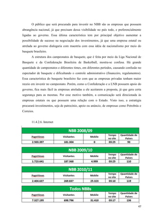 O público que será procurado para investir no NBB são as empresas que possuem
abrangência nacional, já que precisam dessa visibilidade no país todo, e preferencialmente
ligadas ao governo. Essa última característica tem por principal objetivo aumentar a
possibilidade de sucesso na negociação dos investimentos, já que uma empresa estatal ou
atrelada ao governo dialogaria com maestria com essa idéia de nacionalismo por meio do
basquete brasileiro.
       A estrutura dos campeonatos de basquete, que é feita por meio da Liga Nacional de
Basquete e da Confederação Brasileira de Basketball, mostra-se confusa. Há grande
quantidade de campeonatos e diferentes times, em diferentes períodos, causando confusão no
espectador de basquete e dificultando o controle administrativo (financeiro, regulamentos).
Essa característica do basquete brasileiro faz com que as empresas privadas tenham maior
receio em investir no campeonato. Porém, como a Confederação e a LNB possuem apoio do
governo, fica mais fácil às empresas atreladas a ele aceitarem a proposta, já que gera certa
segurança para as mesmas. Por esse motivo também, a comunicação será direcionada às
empresas estatais ou que possuem uma relação com o Estado. Visto isso, a estratégia
procurará investimentos, seja de patrocínio, apoio ou anúncio, de empresas como Petrobrás e
Correios.


       11.4.2.6. Internet




                                                                                         47
 