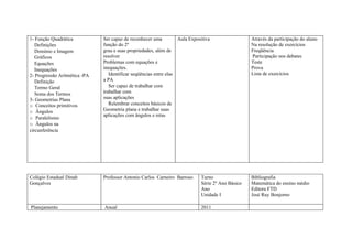1- Função Quadrática           Ser capaz de reconhecer uma          Aula Expositiva                 Através da participação do aluno
   Definições                  função do 2º                                                         Na resolução de exercícios
   Domínio e Imagem            grau e suas propriedades, além de                                    Freqüência
   Gráficos                    resolver                                                             Participação nos debates
   Equações                    Problemas com equações e                                             Teste
   Inequações                  inequações.                                                          Prova
2- Progressão Aritmética -PA      Identificar seqüências entre elas                                 Lista de exercícios
   Definição                   a PA
   Termo Geral                    Ser capaz de trabalhar com
   Soma dos Termos             trabalhar com
3- Geometrias Plana            suas aplicações
o Conceitos primitivos            Relembrar conceitos básicos de
o Ângulos                      Geometria plana e trabalhar suas
                               aplicações com ângulos e retas
o Paralelismo
o Ângulos na
circunferência




Colégio Estadual Dinah         Professor Antonio Carlos Carneiro Barroso      Turno                 Bibliografia
Gonçalves                                                                     Série 2º Ano Básico   Matemática do ensino médio
                                                                              Ano                   Editora FTD
                                                                              Unidade I             José Ruy Bonjorno

Planejamento                   Anual                                          2011
 