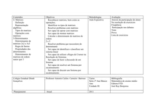 Conteúdos                Objetivos                                       Metodologias          Avaliação
2- Matrizes                 Reconhecer matrizes, bem como as             Aula Expositiva       Através da participação do aluno
   Definição             operações;                                                            Na resolução de exercícios
   Representação            Identificar os tipos de matrizes                                   Freqüência
algébrica                   Resolver problemas com matrizes                                    Participação nos debates
   Tipos de matrizes        Ser capaz de operar com matrizes                                   Teste
   Operações com            Ser capaz de montar matrizes                                       Prova
matrizes                    Calcular o determinante de matrizes de                             Lista de exercícios
3-Determinantes          ordem
   Determinantes de      2e3
matrizes 2x2 e 3x3          Resolver problema que necessitem do
   Regra de Sarrus       determinante
   Propriedades dos         Ser capaz de identificar e classificar um
determinantes            sistema linear
   Determinantes de         Ser capaz de utilizar a Regra de Cramer na
matrizes de ordem        Resolução de Sistemas.
maior que 3                 Ser capaz de fazer a discussão de um
                         Sistema
                            Ser capaz de resolver um Sistema por
                         escalonamento
                            Ser capaz de discutir um Sistema por
                         escalonamento

Colégio Estadual Dinah   Professor Antonio Carlos Carneiro Barroso       Turno                 Bibliografia
Gonçalves                                                                Série 2º Ano Básico   Matemática do ensino médio
                                                                         Ano                   Editora FTD
                                                                         Unidade III           José Ruy Bonjorno

Planejamento             Anual                                           2011
 