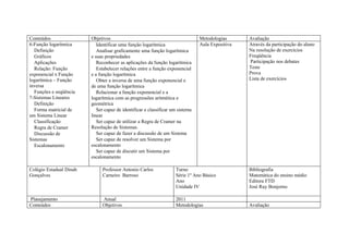 Conteúdos                Objetivos                                              Metodologias      Avaliação
6-Função logarítmica        Identificar uma função logarítmica                  Aula Expositiva   Através da participação do aluno
  Definição                 Analisar graficamente uma função logarítmica                          Na resolução de exercícios
  Gráficos               e suas propriedades                                                      Freqüência
  Aplicações                Reconhecer as aplicações da função logarítmica                        Participação nos debates
  Relação: Função           Estabelecer relações entre a função exponencial                       Teste
exponencial x Função     e a função logarítmica                                                   Prova
logarítmica – Função        Obter a inversa de uma função exponencial e                           Lista de exercícios
inversa                  de uma função logarítmica
  Funções e seqüência       Relacionar a função exponencial e a
7-Sistemas Lineares      logarítmica com as progressões aritmética e
  Definição              geométrica
  Forma matricial de        Ser capaz de identificar e classificar um sistema
um Sistema Linear        linear
  Classificação             Ser capaz de utilizar a Regra de Cramer na
  Regra de Cramer        Resolução de Sistemas.
  Discussão de              Ser capaz de fazer a discussão de um Sistema
Sistemas                    Ser capaz de resolver um Sistema por
  Escalonamento          escalonamento
                            Ser capaz de discutir um Sistema por
                         escalonamento

Colégio Estadual Dinah        Professor Antonio Carlos              Turno                         Bibliografia
Gonçalves                     Carneiro Barroso                      Série 1º Ano Básico           Matemática do ensino médio
                                                                    Ano                           Editora FTD
                                                                    Unidade IV                    José Ruy Bonjorno

Planejamento                  Anual                                 2011
Conteúdos                     Objetivos                             Metodologias                  Avaliação
 