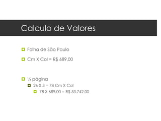 Calculo de Valores

 Folha de São Paulo

 Cm X Col = R$ 689,00



 ¼ página
   26 X 3 = 78 Cm X Col
      78 X 689,00 = R$ 53.742,00
 
