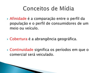 Afinidade é a comparação entre o perfil da população e o perfil de consumidores de um meio ou veículo.Cobertura é a abrangência geográfica.Continuidade significa os períodos em que o comercial será veiculado.Conceitos de Mídia