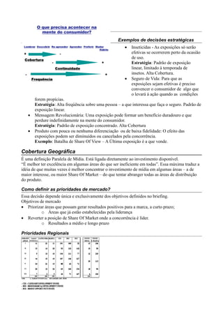 Exemplos de decisões estratégicas
                                                        •   Inseticidas - As exposições só serão
                                                            efetivas se ocorrerem perto da ocasião
                                                            de uso.
                                                            Estratégia: Padrão de exposição
                                                            linear, limitado à temporada de
                                                            insetos. Alta Cobertura.
                                                        •   Seguro de Vida: Para que as
                                                            exposições sejam efetivas é preciso
                                                            convencer o consumidor de algo que
                                                            o levará à ação quando as condições
       forem propícias.
       Estratégia: Alta freqúência sobre uma pessoa – a que interessa que faça o seguro. Padrão de
       exposição linear.
   •   Mensagem Revolucionária: Uma exposição pode formar um benefício duradouro e que
       perdure indefinidamente na mente do consumidor.
       Estratégia: Padrão de exposição concentrado. Alta Cobertura
   •   Produto com pouca ou nenhuma diferenciação ou de baixa fidelidade: O efeito das
       exposições podem ser diminuídos ou cancelados pela concorrência.
       Exemplo: Batalha de Share Of View – A Última exposição é a que vende.

Cobertura Geográfica
É uma definição Paralela de Mídia. Está ligada diretamente ao investimento disponível.
“É melhor ter excelência em algumas áreas do que ser ineficiente em todas”. Essa máxima traduz a
idéia de que muitas vezes é melhor concentrar o investimento de mídia em algumas áreas – a de
maior interesse, ou maior Share Of Market – do que tentar abranger todas as áreas de distribuição
do produto.

Como definir as prioridades de mercado?
Essa decisão depende única e exclusivamente dos objetivos definidos no briefing.
Objetivos de mercado
• Priorizar áreas que possam gerar resultados positivos para a marca, a curto prazo;
           o Áreas que já estão estabelecidas pela liderança
• Reverter a posição de Share Of Market onde a concorrência é líder.
           o Resultados a médio e longo prazo

Prioridades Regionais
 