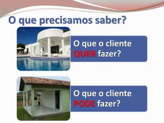 O que precisamos saber?
O que o cliente
QUER fazer?
O que o cliente
PODE fazer?
 