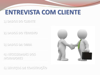 ENTREVISTA COM CLIENTE
1) DADOS DO CLIENTE
2) DADOS DO TERRENO
3) DADOS DA OBRA
4) NECESSIDADES DOS
MORADORES
5) SERVIÇOS DE CONSTRUÇÃO
 