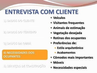 ENTREVISTA COM CLIENTE
1) DADOS DO CLIENTE
2) DADOS DO TERRENO
3) DADOS DA OBRA
4) NECESSIDADES DOS
OCUPANTES
5) SERVIÇOS DE CONSTRUÇÃO
 Veículos
 Visitantes frequentes
 Animais de estimação
 Vegetação desejada
 Rotinas dos ocupantes
 Preferências de:
 Estilo arquitetônico
 Acabamentos
 Cômodos mais importantes
 Móveis
 Necessidades especiais
 