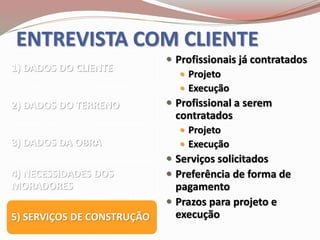 ENTREVISTA COM CLIENTE
1) DADOS DO CLIENTE
2) DADOS DO TERRENO
3) DADOS DA OBRA
4) NECESSIDADES DOS
MORADORES
5) SERVIÇOS DE CONSTRUÇÃO
 Profissionais já contratados
 Projeto
 Execução
 Profissional a serem
contratados
 Projeto
 Execução
 Serviços solicitados
 Preferência de forma de
pagamento
 Prazos para projeto e
execução
 