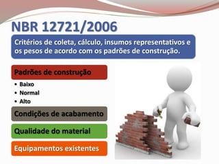 NBR 12721/2006
Critérios de coleta, cálculo, insumos representativos e
os pesos de acordo com os padrões de construção.
Padrões de construção
• Baixo
• Normal
• Alto
Condições de acabamento
Qualidade do material
Equipamentos existentes
 