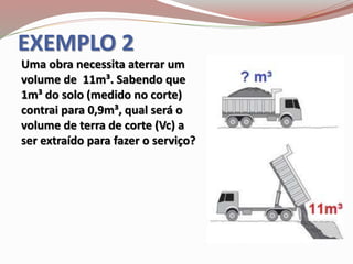 EXEMPLO 2
Uma obra necessita aterrar um
volume de 11m³. Sabendo que
1m³ do solo (medido no corte)
contrai para 0,9m³, qual será o
volume de terra de corte (Vc) a
ser extraído para fazer o serviço?
 