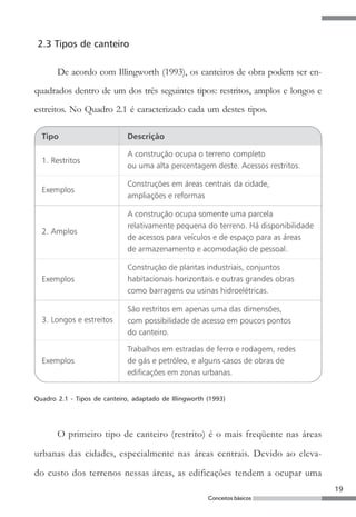 2.3 Tipos de canteiro

       De acordo com Illingworth (1993), os canteiros de obra podem ser en-
quadrados dentro de um dos três seguintes tipos: restritos, amplos e longos e
estreitos. No Quadro 2.1 é caracterizado cada um destes tipos.




Quadro 2.1 - Tipos de canteiro, adaptado de Illingworth (1993)




       O primeiro tipo de canteiro (restrito) é o mais freqüente nas áreas

urbanas das cidades, especialmente nas áreas centrais. Devido ao eleva-

do custo dos terrenos nessas áreas, as edificações tendem a ocupar uma
                                                                                19
                                                        Conceitos básicos
 