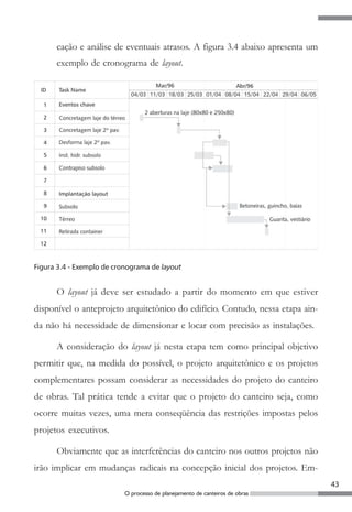 cação e análise de eventuais atrasos. A figura 3.4 abaixo apresenta um
      exemplo de cronograma de layout.




Figura 3.4 - Exemplo de cronograma de layout


      O layout já deve ser estudado a partir do momento em que estiver
disponível o anteprojeto arquitetônico do edifício. Contudo, nessa etapa ain-
da não há necessidade de dimensionar e locar com precisão as instalações.

      A consideração do layout já nesta etapa tem como principal objetivo
permitir que, na medida do possível, o projeto arquitetônico e os projetos
complementares possam considerar as necessidades do projeto do canteiro
de obras. Tal prática tende a evitar que o projeto do canteiro seja, como
ocorre muitas vezes, uma mera conseqüência das restrições impostas pelos
projetos executivos.

      Obviamente que as interferências do canteiro nos outros projetos não
irão implicar em mudanças radicais na concepção inicial dos projetos. Em-
                                                                                43
                           O processo de planejamento de canteiros de obras
 