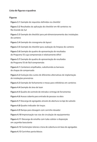 Lista de figuras e quadros


Figuras

 Figura 3.1 Exemplo de requisitos definidos no checklist

 Figura 3.2 Resultados da aplicação do checklist em 40 canteiros no
 Rio Grande do Sul

 Figura 3.3 Exemplo de checklist para pré-dimensionamento das instalações
 do canteiro

 Figura 3.4 Exemplo de cronograma de layout

 Figura 3.5 Exemplo de checklist para avaliação da limpeza do canteiro

 Figura 3.6 Exemplo de quadro de apresentação de resultados
 do Programa 5S cuja compreensão é relativamente difícil

 Figura 3.7 Exemplo de quadro de apresentação de resultados
 do Programa 5S de fácil compreensão

 Figura 4.1 Containers empilhados, substituindo os barracos
 de chapas de compensado

 Figura 4.2 Evolução dos custos de diferentes alternativas de implantação
 de instalações provisórias

 Figura 4.3 Exemplo de fechamento e mesas para refeitórios em canteiros

 Figura 4.4 Exemplo de área de lazer

 Figura 4.5 Quadro de controle de retirada e entrega de ferramentas

 Figura 4.6 Acesso coberto para entrada de pessoas na obra

 Figura 4.7 Descarga de agregados através de abertura na laje do subsolo

 Figura 4.8 Quadro indicador de traços

 Figura 4.9 Rampa para dosagem com carrinho dosador

 Figura 4.10 Improvisação nas vias de circulação de equipamentos

 Figura 4.11 Descarga de entulho com tubo coletor e disposição
 em caçamba basculante

 Figura 4.12 Contenções laterais e lona de cobertura em baia de agregados

 Figura 4.13 Carrinhos porta-blocos
 