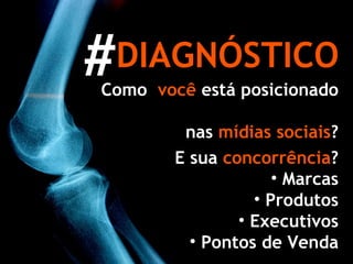 DIAGNÓSTICO Como  você   está   posicionado   nas   mídias sociais ? E sua  concorrência ? Marcas Produtos Executivos Pontos de Venda # 