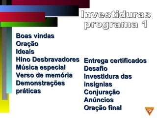 Boas vindasBoas vindas
OraçãoOração
IdeaisIdeais
Hino DesbravadoresHino Desbravadores
Música especialMúsica especial
Verso de memóriaVerso de memória
DemonstraçõesDemonstrações
práticaspráticas
Entrega certificadosEntrega certificados
DesafioDesafio
Investidura dasInvestidura das
insígniasinsígnias
ConjuraçãoConjuração
AnúnciosAnúncios
Oração finalOração final
 