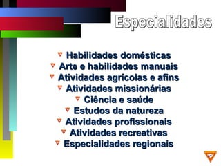 Habilidades domésticasHabilidades domésticas
Arte e habilidades manuaisArte e habilidades manuais
Atividades agrícolas e afinsAtividades agrícolas e afins
Atividades missionáriasAtividades missionárias
Ciência e saúdeCiência e saúde
Estudos da naturezaEstudos da natureza
Atividades profissionaisAtividades profissionais
Atividades recreativasAtividades recreativas
Especialidades regionaisEspecialidades regionais
 