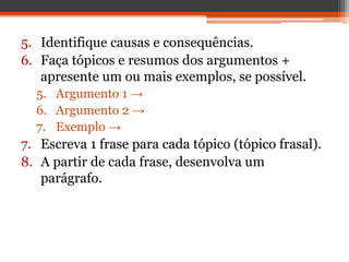 5. Identifique causas e consequências.
6. Faça tópicos e resumos dos argumentos +
apresente um ou mais exemplos, se possível.
5. Argumento 1 →
6. Argumento 2 →
7. Exemplo →
7. Escreva 1 frase para cada tópico (tópico frasal).
8. A partir de cada frase, desenvolva um
parágrafo.
 