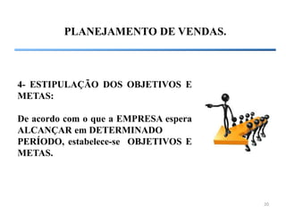 20
PLANEJAMENTO DE VENDAS.
4- ESTIPULAÇÃO DOS OBJETIVOS E
METAS:
De acordo com o que a EMPRESA espera
ALCANÇAR em DETERMINADO
PERÍODO, estabelece-se OBJETIVOS E
METAS.
 