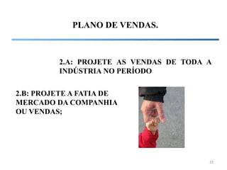 33
PLANO DE VENDAS.
2.A: PROJETE AS VENDAS DE TODA A
INDÚSTRIA NO PERÍODO
2.B: PROJETE A FATIA DE
MERCADO DA COMPANHIA
OU VENDAS;
 