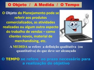 O Objeto /

A Medida / O Tempo

O Objeto do Planejamento pode se
referir aos produtos
comercializados, as atividades
realizadas ou algum outro aspecto
do trabalho de vendas – como
clientes novos, material de
merchandising, etc.
A MEDIDA se refere a definição qualitativa (ou
quantitativa) do que deve ser alcançado
O TEMPO se refere ao prazo necessário para
a realização do objetivo

 