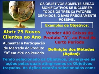 OS OBJETIVOS SOMENTE SERÃO
SIGNIFICATIVOS SE INCLUÍREM
TODOS OS TRÊS (3) FATORES
DEFINIDOS, O MAIS PRECISAMENTE
POSSÍVEL

Exemplos de Objetivos:

Abrir 75 Novos Vender 400 Caixas do
Clientes ao Ano Produto “A”, ao Final de
Certo Período
Aumentar a Participação
de Mercado do Produto Definição dos Métodos
“B” em 25% no Período
(Ações):

Tendo selecionado os Objetivos, planeja-se as
ações pelas quais atingiremos os Objetivos
traçados. As Ações estarão selecionadas com:

 