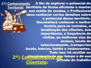 A fim de explorar o potencial do
1º) Conhecimento
Territorial: território de forma eficiente e manter
sua média de vendas, o Profissional
deve conhecer certos detalhes sobre
o potencial desse território.
Necessitará conhecer o melhor
horário para os contatos, a
localização dos clientes, sua
importância, a frequência de
visitas, as melhores vias de
acesso, locais de
estacionamento, transportes
locais, bancos, hotéis e restaurantes.
Tudo isso irá auxiliar no
planejamento de seu
2º) Conhecimento da tempo e de sua
jornada de trabalho

Clientela:

 