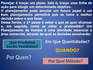 Planejar é traçar um plano. Isto é, traçar uma linha de
ação para atingir um determinado objetivo.
O planejamento pode simular um futuro papel e um
bom planejamento permitirá que se tome a melhor
decisão sobre o que fazer.
Dessa forma, o 1º passo é saber o que se quer alcançar
e, em seguida, como se obter o pretendido? Um
Planejamento de Vendas é uma atividade essencial à
área comercial, através da qual as decisões envolverão:

Que Produtos
Serão Vendidos?

Por Quem?

Em Que Quantidades?

QUANDO?

Por Qual Método?

 