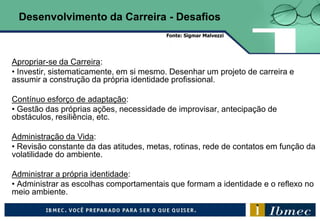 Apropriar-se da Carreira:
• Investir, sistematicamente, em si mesmo. Desenhar um projeto de carreira e
assumir a construção da própria identidade profissional.
Contínuo esforço de adaptação:
• Gestão das próprias ações, necessidade de improvisar, antecipação de
obstáculos, resiliência, etc.
Administração da Vida:
• Revisão constante da das atitudes, metas, rotinas, rede de contatos em função da
volatilidade do ambiente.
Administrar a própria identidade:
• Administrar as escolhas comportamentais que formam a identidade e o reflexo no
meio ambiente.
Fonte: Sigmar Malvezzi
Desenvolvimento da Carreira - Desafios
 