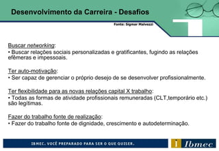 Buscar networking:
• Buscar relações sociais personalizadas e gratificantes, fugindo as relações
efêmeras e impessoais.
Ter auto-motivação:
• Ser capaz de gerenciar o próprio desejo de se desenvolver profissionalmente.
Ter flexibilidade para as novas relações capital X trabalho:
• Todas as formas de atividade profissionais remuneradas (CLT,temporário etc.)
são legítimas.
Fazer do trabalho fonte de realização:
• Fazer do trabalho fonte de dignidade, crescimento e autodeterminação.
Desenvolvimento da Carreira - Desafios
Fonte: Sigmar Malvezzi
 