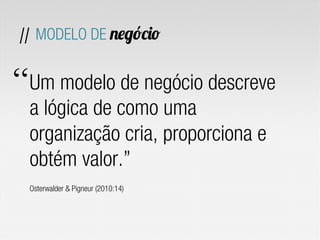 Um modelo de negócio descreve
a lógica de como uma
organização cria, proporciona e
obtém valor.”
Osterwalder & Pigneur (2010:14)
// MODELO DE negócio
“
 