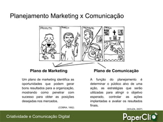 Planejamento Marketing x Comunicação




             Plano de Marketing                   Plano de Comunicação

        Um plano de marketing identifica as     A função do planejamento é
        oportunidades que podem gerar           determinar o público alvo de uma
        bons resultados para a organização,     ação, as estratégias que serão
        mostrando como penetrar com             utilizadas para atingir o objetivo
        sucesso para obter as posições          esperado, controlar as ações
        desejadas nos mercados.                 implantadas e avaliar os resultados
                                                finais.
                                (COBRA, 1992)
                                                                        (SOUZA, 2007)


Criatividade e Comunicação Digital
 