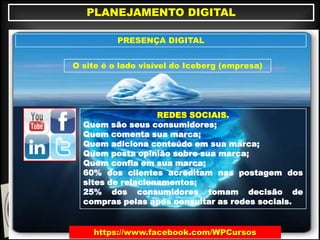 https://www.facebook.com/WPCursos
PLANEJAMENTO DIGITAL
PRESENÇA DIGITAL
O site é o lado visível do Iceberg (empresa)
REDES SOCIAIS.
Quem são seus consumidores;
Quem comenta sua marca;
Quem adiciona conteúdo em sua marca;
Quem posta opinião sobre sua marca;
Quem confia em sua marca;
60% dos clientes acreditam nas postagem dos
sites de relacionamentos;
25% dos consumidores tomam decisão de
compras pelas após consultar as redes sociais.
 