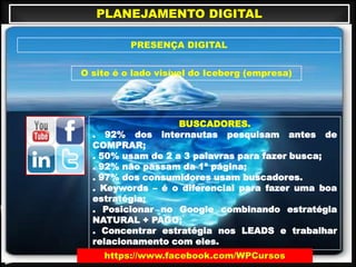 PLANEJAMENTO DIGITAL
PRESENÇA DIGITAL
O site é o lado visível do Iceberg (empresa)
BUSCADORES.
. 92% dos internautas pesquisam antes de
COMPRAR;
. 50% usam de 2 a 3 palavras para fazer busca;
. 92% não passam da 1ª página;
. 97% dos consumidores usam buscadores.
. Keywords – é o diferencial para fazer uma boa
estratégia;
. Posicionar no Google combinando estratégia
NATURAL + PAGO;
. Concentrar estratégia nos LEADS e trabalhar
relacionamento com eles.
https://www.facebook.com/WPCursos
 