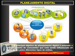 https://www.facebook.com/WPCursos
PLANEJAMENTO DIGITAL
O principal objetivo do planejamento digital é entender o
comportamento do consumidor que está sendo influenciado 24
horas do dia pelos diferentes tipos de mídias.
 